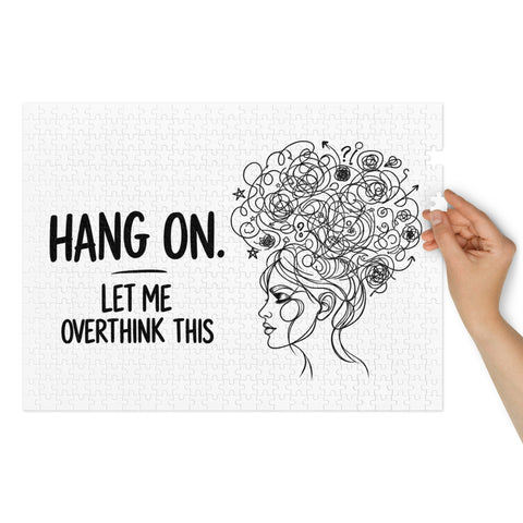 Let Me Overthink This 500-piece jigsaw puzzle with complete black lettering and tangled-thought woman illustration – view 3
