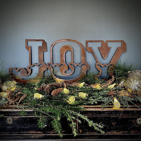 Christmas Mantle Fireplace Decoration JOY In Rustic Rusted Carnival Letters 12 Inches Tall.