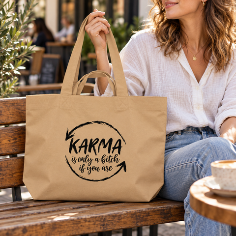 Woman in a white blouse holding a Latte recycled cotton shopping bag with the black Karma quote design on a wooden outdoor cafe bench.