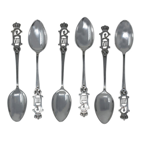 King Haakon VII 1908 Antique Norway Silver Set Six Tea Spoons Silversmith Jacob Tostrup