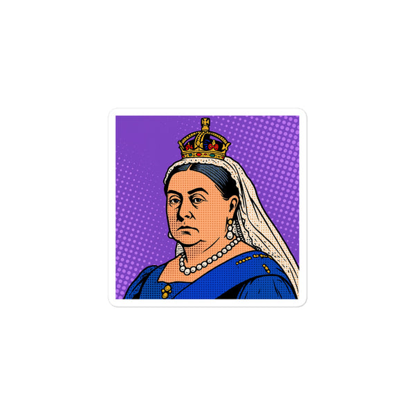 Victoria in Violet 3 × 3 inch vinyl sticker with full crowned Queen Victoria pop-art portrait on purple halftone background – view 1