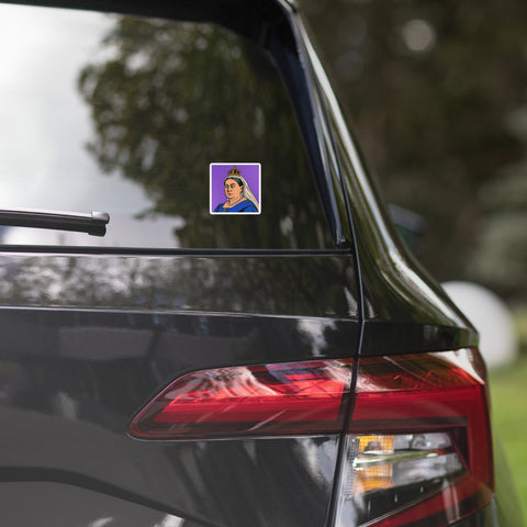 Victoria in Violet 3 × 3 inch vinyl sticker with full crowned Queen Victoria pop-art portrait on purple halftone background – view 5