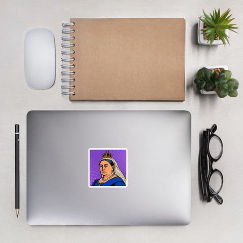 Victoria in Violet 3 × 3 inch vinyl sticker with full crowned Queen Victoria pop-art portrait on purple halftone background – view 2