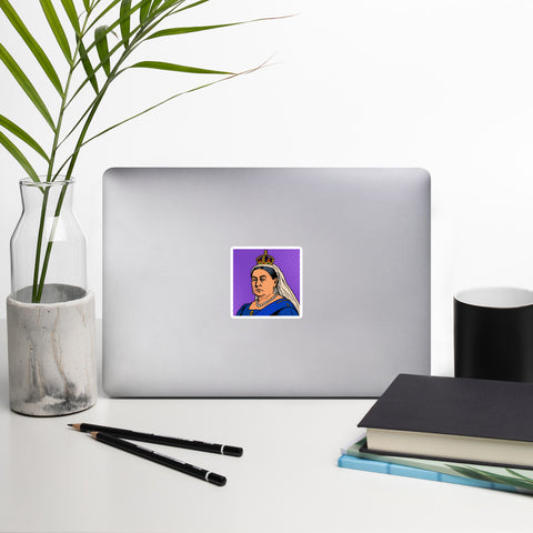 Victoria in Violet 3 × 3 inch vinyl sticker with full crowned Queen Victoria pop-art portrait on purple halftone background – view 3
