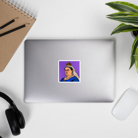 Victoria in Violet 3 × 3 inch vinyl sticker with full crowned Queen Victoria pop-art portrait on purple halftone background – view 4