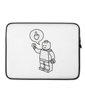 White laptop sleeve with a black outlined cheeky brick figure and speech bubble, front view.
