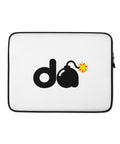 13-inch white D-Bomb Spark laptop sleeve with black trim and black D and cartoon bomb artwork with a yellow-red spark, front view.