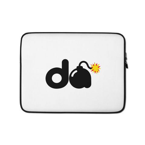 13-inch white D-Bomb Spark laptop sleeve with black trim and black D and cartoon bomb artwork with a yellow-red spark, front view.