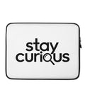 White 13-inch laptop sleeve with original Stay Curious magnifying-glass wordmark on the front – mockup 1 – ZIPZAPPA