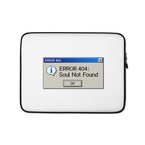 Soul Not Found 13-inch laptop sleeve with retro Error 404 computer dialog – front view
