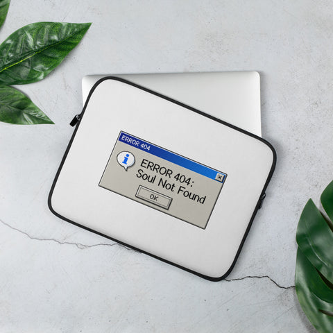 Soul Not Found 13-inch laptop sleeve with retro Error 404 computer dialog – alternate front view