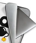 13-inch white D-Bomb Spark laptop sleeve with black trim and black D and cartoon bomb artwork with a yellow-red spark, product detail view.