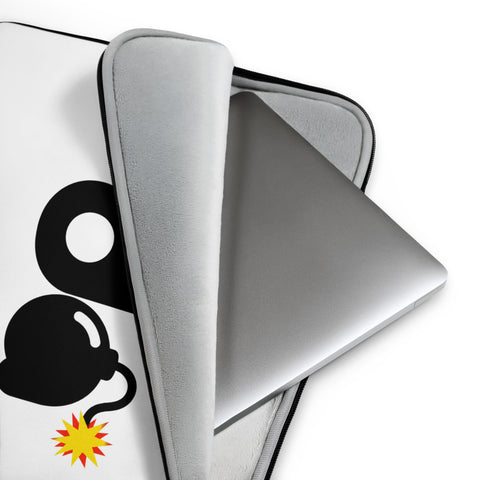13-inch white D-Bomb Spark laptop sleeve with black trim and black D and cartoon bomb artwork with a yellow-red spark, product detail view.
