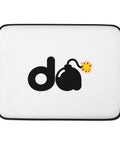 15-inch white D-Bomb Spark laptop sleeve with black trim and black D and cartoon bomb artwork with a yellow-red spark, front view.