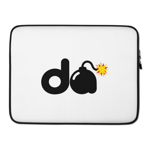 15-inch white D-Bomb Spark laptop sleeve with black trim and black D and cartoon bomb artwork with a yellow-red spark, front view.