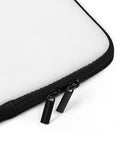 15-inch white D-Bomb Spark laptop sleeve with black trim and black D and cartoon bomb artwork with a yellow-red spark, product detail view.
