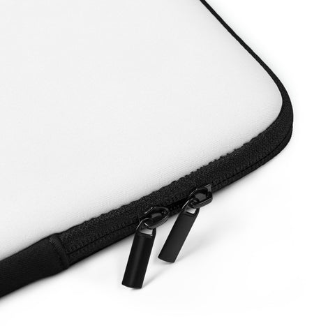 15-inch white D-Bomb Spark laptop sleeve with black trim and black D and cartoon bomb artwork with a yellow-red spark, product detail view.
