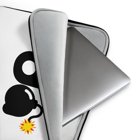 15-inch white D-Bomb Spark laptop sleeve with black trim and black D and cartoon bomb artwork with a yellow-red spark, product detail view.