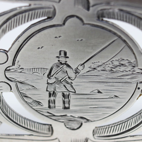 Large 1857 Antique Victorian Era Sterling Silver Fish Servers with engraved fisherman Silversmith Harrison Brothers & Howson (Henry Harrison) Sheffield Hallmarks