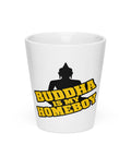 Front of the white 12 oz Buddha Is My Homeboy latte mug with one black Buddha silhouette and bold yellow lettering.