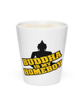 White Buddha Is My Homeboy latte mug filled with coffee, viewed from the printed front.
