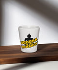 White Buddha Is My Homeboy latte mug on a sunlit wooden table, showing its single printed front.