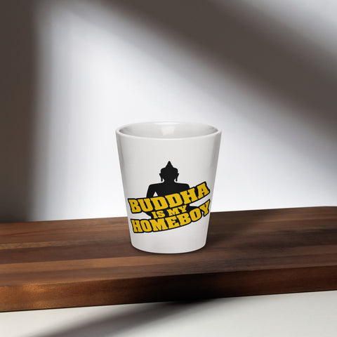 White Buddha Is My Homeboy latte mug on a sunlit wooden table, showing its single printed front.