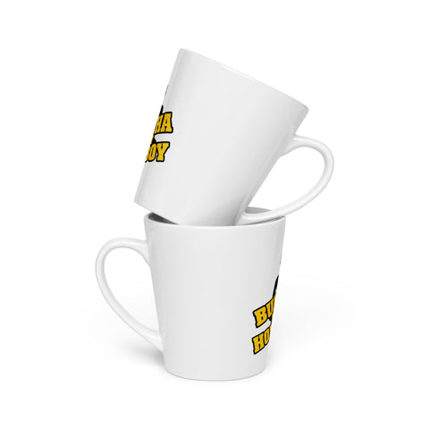 Two white Buddha Is My Homeboy latte mugs stacked at an angle with their handles visible.