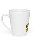 Left-side view of the white Buddha Is My Homeboy latte mug showing the handle and the edge of its single print.