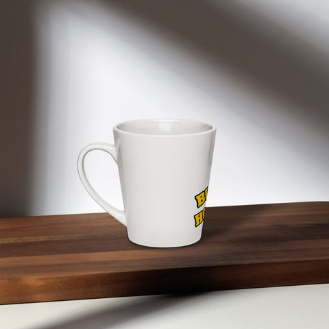 Left-side view of the white Buddha Is My Homeboy latte mug on a sunlit wooden table.