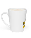 Left-side view of the white Buddha Is My Homeboy latte mug filled with coffee.