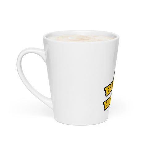 Left-side view of the white Buddha Is My Homeboy latte mug filled with coffee.