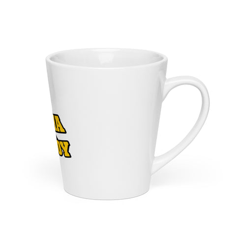 Right-side view of the white Buddha Is My Homeboy latte mug showing the handle and the edge of its single print.