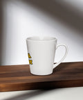 Right-side view of the white Buddha Is My Homeboy latte mug on a sunlit wooden table.