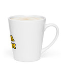 Right-side view of the white Buddha Is My Homeboy latte mug filled with coffee.