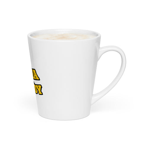 Right-side view of the white Buddha Is My Homeboy latte mug filled with coffee.