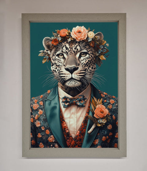 Leopard In a Suit With Flowers Framed Print