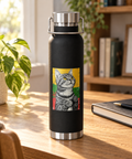 Black Lithuanian Cat insulated bottle on a sunlit wooden desk beside a notebook and green plant.