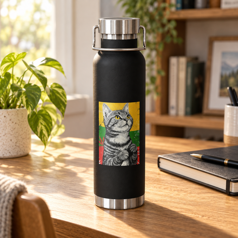 Black Lithuanian Cat insulated bottle on a sunlit wooden desk beside a notebook and green plant.