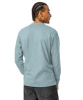Model view of the unprinted back of the Agave Dinosaur Motivation men’s heavyweight long-sleeve tee, with no back print.