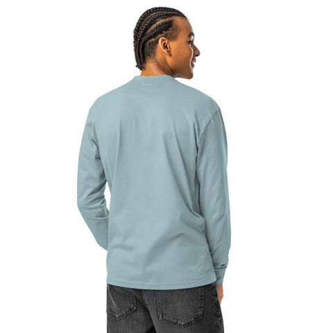 Model view of the unprinted back of the Agave Dinosaur Motivation men’s heavyweight long-sleeve tee, with no back print.