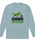 Flat front view of the Agave Dinosaur Motivation men’s heavyweight long-sleeve tee, showing its single green dinosaur and running quote front print.