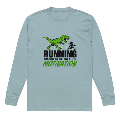 Flat front view of the Agave Dinosaur Motivation men’s heavyweight long-sleeve tee, showing its single green dinosaur and running quote front print.