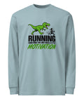 Front studio view of the Agave Dinosaur Motivation men’s heavyweight long-sleeve tee, showing its single green dinosaur and running quote front print.