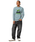 Full-length model front view of the Agave Dinosaur Motivation men’s heavyweight long-sleeve tee, showing its single green dinosaur and running quote front print.