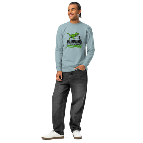 Full-length model front view of the Agave Dinosaur Motivation men’s heavyweight long-sleeve tee, showing its single green dinosaur and running quote front print.