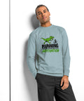 Model front view of the Agave Dinosaur Motivation men’s heavyweight long-sleeve tee, showing its single green dinosaur and running quote front print.