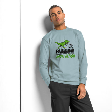 Model front view of the Agave Dinosaur Motivation men’s heavyweight long-sleeve tee, showing its single green dinosaur and running quote front print.