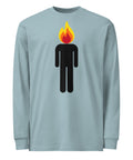 Agave men's heavyweight long-sleeve tee, front view with a black human figure and yellow, orange, and red flame head.