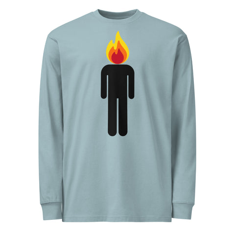 Agave men's heavyweight long-sleeve tee, front view with a black human figure and yellow, orange, and red flame head.